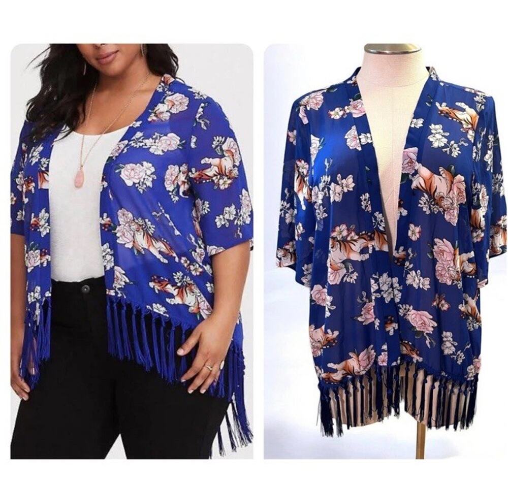 Torrid Disney Aladdin Kimono 5XL Rajah Tiger Fringe Chiffon Cardigan Sheer Blue